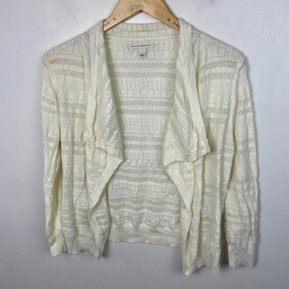 Banana Republic White Eyelet Knit Cardigan Sweater Size Large Open Front Minimal - Picture 12 of 13